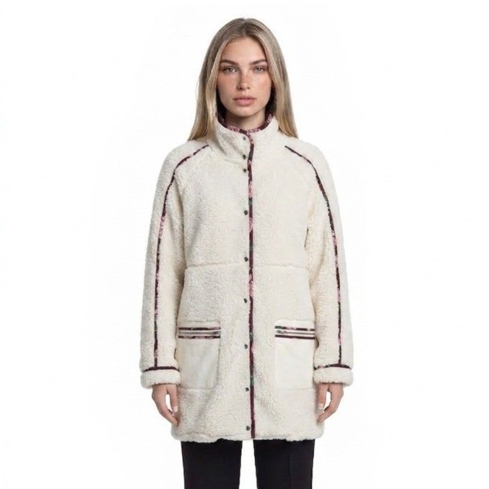 NWT Matilda Jane Sherpa Jacket Women's Size Medium Cream Floral Trim Snap Front